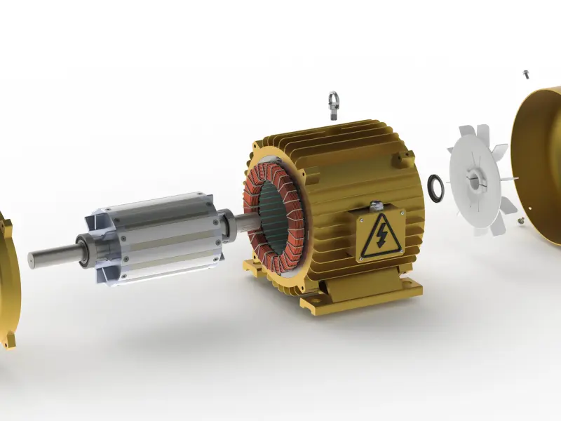 Vue éclatée d’un moteur électrique avec rotor, stator et carter