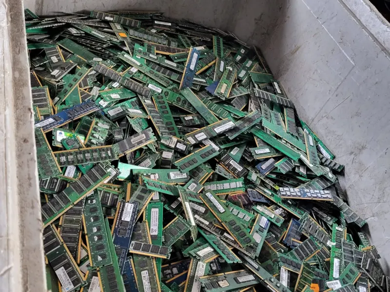 Sorterede elektroniske hukommelsesmoduler i en opsamlingsbeholder